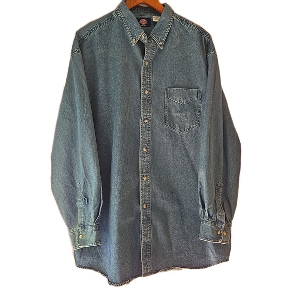 Vintage Dickies Work Shirt Men's 2XL 16-18.5 Blue Denim Long Sleeve Button Down - Picture 1 of 14